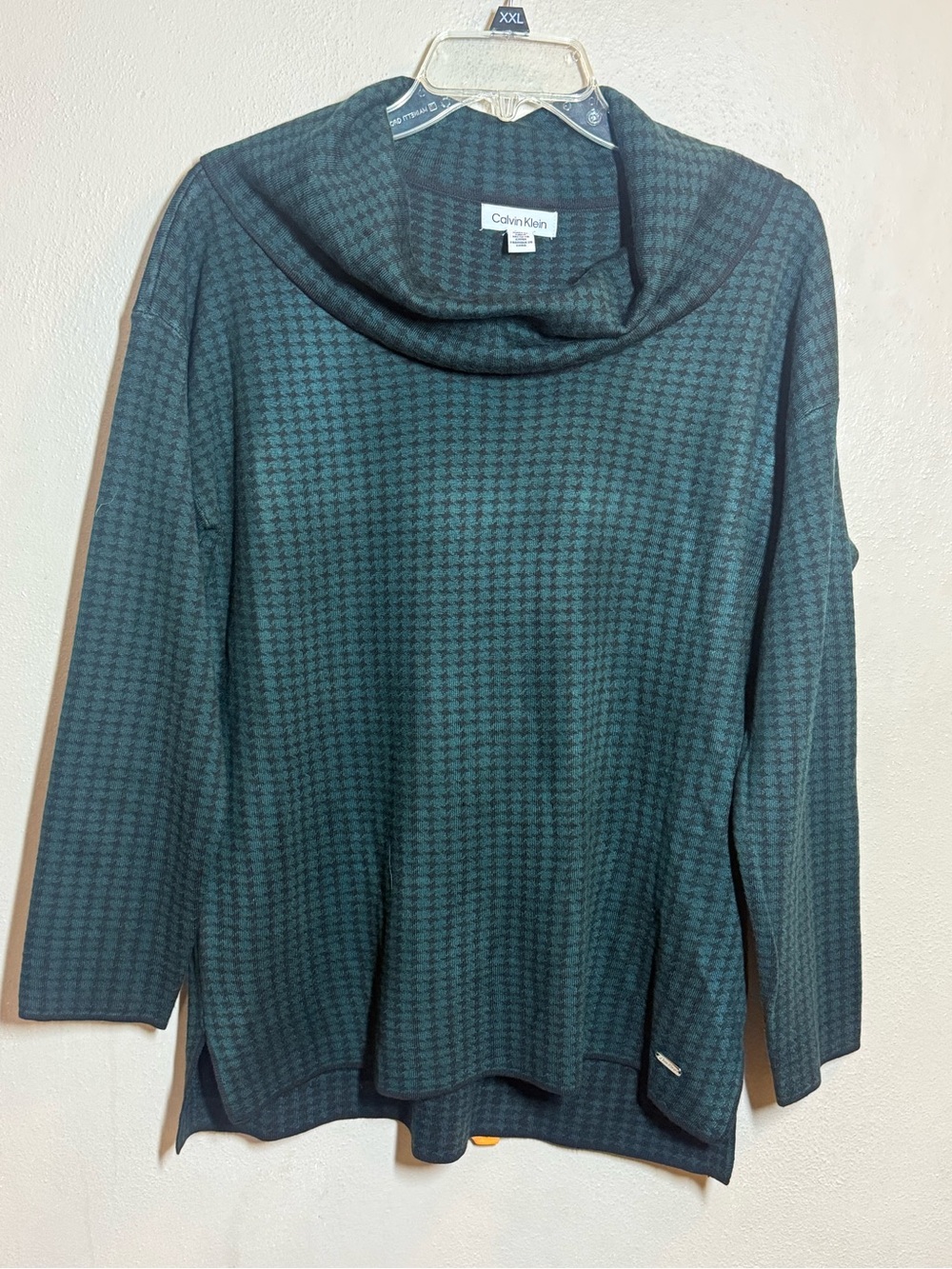 Women’s Calvin Klein Dark Green Houndstooth Cowl Neck Pullover Sweater Sz M